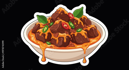 Vibrant and savory Asian beef curry stew illustration, ideal for restaurant menus, culinary blogs, or food-themed graphic designs showcasing traditional hearty cuisine
