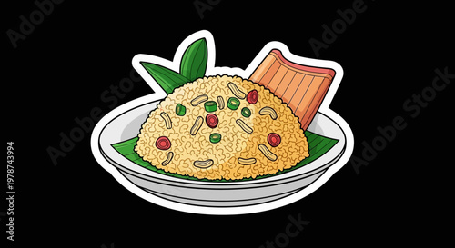 An appetizing illustration of a plate of fried rice with a piece of meat and garnished with green leaves, perfect for culinary and food-related content