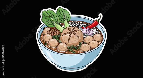 Delicious Bowl of Asian Noodles with Meatballs and Chili Pepper, a Flavorful Meal