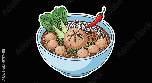 Deliciously Crafted Asian Noodle Soup Dish with Meatballs, Bok Choy, and Chili Pepper - A Savory Culinary Delight