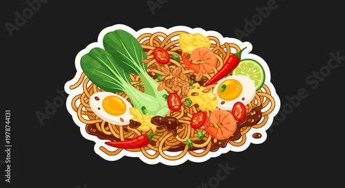 Vibrantly illustrated Asian fried noodle dish, brimming with succulent shrimp, fresh vegetables, and perfectly cooked eggs, a delicious culinary graphic