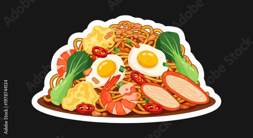 Delicious Stir-fried Noodles Dish with Shrimp, Eggs, and Vegetables, a Flavorful Meal