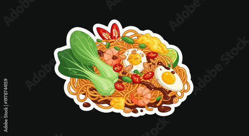 Vibrant Asian Stir-fried Noodle Dish Sticker Illustration with Shrimp, Egg, and Bok Choy, perfect for culinary and food-themed designs