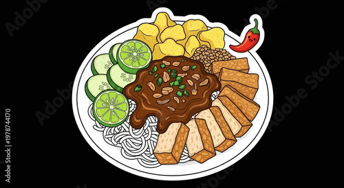 A vibrant illustration of a delicious plate of noodles topped with tofu, potatoes, and a flavorful sauce, garnished with lime and a chili pepper for a zesty kick