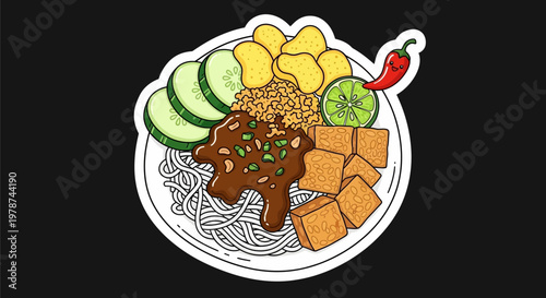 Delicious Bowl of Noodles with Tofu, Cucumber, Chips, and Lime Garnishes - A Savory Meal Illustration
