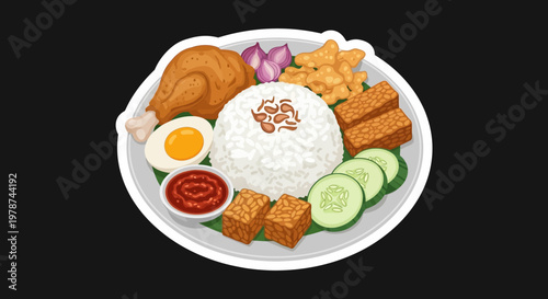 A delicious plate of Nasi Lemak, a popular Malaysian dish featuring fragrant rice cooked in coconut milk, served with fried chicken, boiled egg, cucumbers, and chili sauce