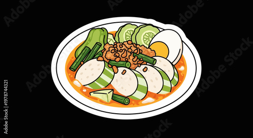 A delicious bowl of rice cake salad, topped with boiled egg and fresh vegetables, served in a white plate, a traditional Asian cuisine