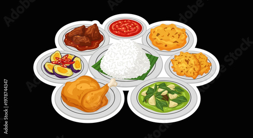A diverse and delicious spread of Indonesian cuisine, featuring fried chicken, rice, and various traditional side dishes