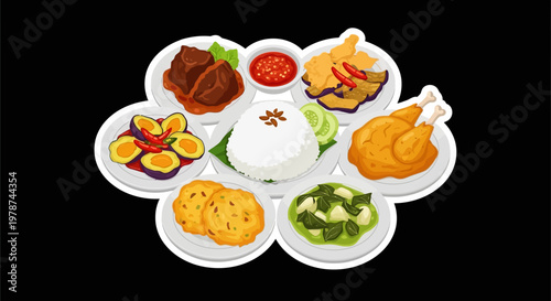 A Delicious Assortment of Indonesian Cuisine Featuring Rice, Chicken, and Various Side Dishes