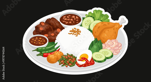 Vibrant illustration of traditional Indonesian rice meal with fried chicken, beef rendang, spicy sambal, cucumber, and egg, ideal for Asian food themes