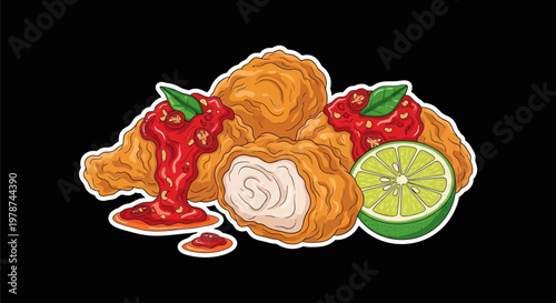 Delicious Crispy Fried Chicken Pieces Topped with Zesty Tomato Sauce and Fresh Lime Slices, Perfect for a Savory Meal