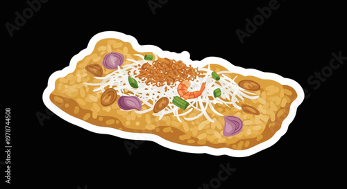 A delicious and savory crispy fried snack with topping of finely shredded vegetables and seasoned shrimp