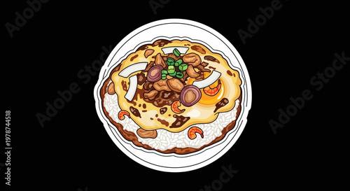 Delicious illustration of a savory Asian stir-fry dish, richly topped with tender meat, crunchy nuts, and fresh vegetables, offering a vibrant and appetizing meal