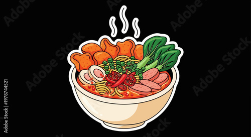 Vibrant illustration of a steaming bowl of delicious Asian noodles, topped with fresh vegetables, savory meats, and crispy garnishes, perfect for a comforting meal