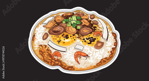 Vibrant illustration of a hearty Asian-inspired rice dish, adorned with succulent shrimp, earthy mushrooms, and perfectly cooked eggs, creating a mouthwatering culinary visual