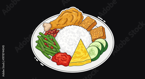 A plate of Indonesian cuisine featuring rice, fried chicken, tempeh, vegetables, and cucumber slices served on a white plate with a black background