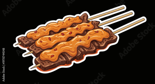 Vibrant vector illustration of three delicious grilled meat skewers generously topped with a rich, savory peanut sauce, perfect for a culinary design project