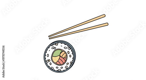 Sushi plate with chopsticks on side.