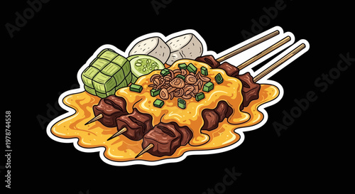 Delicious traditional grilled satay skewers in rich peanut sauce, with rice cakes and lime. Vibrant vector illustration, ideal for food-themed designs and culinary projects