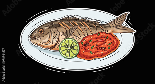 Delicious grilled fish served with a side of spicy sauce and a refreshing lime wedge on a white plate, perfect for a healthy meal