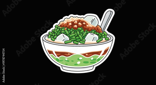 A refreshing bowl of sweet iced dessert with green jelly noodles and coconut milk, perfect for a hot day