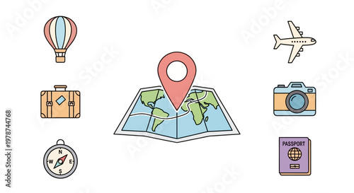 Travel icons on white background.