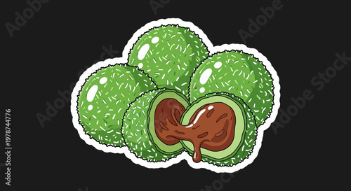 Vibrant green matcha-flavored dessert balls with a delectable, rich chocolate ganache filling, depicted as a charming hand-drawn sticker illustration perfect for sweet treat concepts
