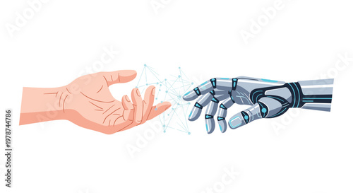 Human hand and advanced robotic hand linked by a vibrant glowing blue data network in a clean white space with sharp focus and high contrast lighting.