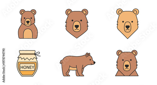 Brown bear cartoon style icons set.