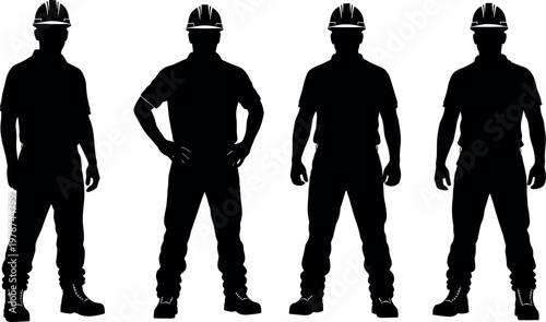 Black Silhouette Set of Male Construction Workers Wearing Hard Hats and Safety Boots Standing in Professional Poses on White Background