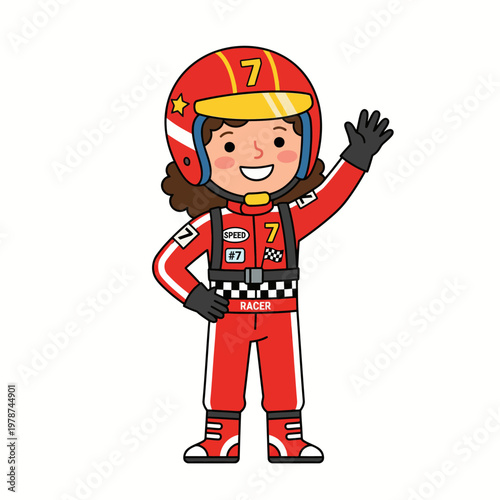 Female Cartoon Racing Driver Waving.