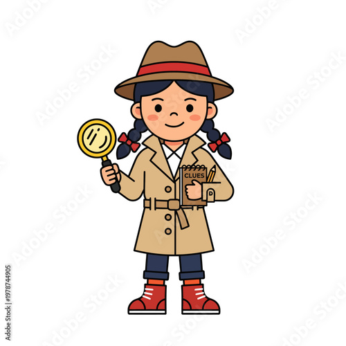 Little girl dressed as detective outdoors.