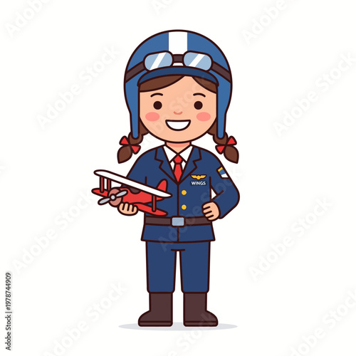 Little girl dressed as pilot smiling.