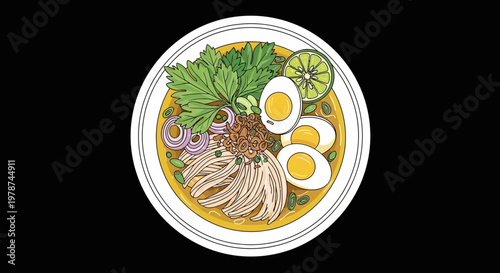 Vibrant illustration of a delicious Asian chicken noodle soup. A bowl features tender chicken, sliced eggs, fresh cilantro, crispy fried onions, and a zesty lime wedge