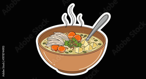 Delicious hot soup with chicken, carrots, and potatoes served in a ceramic bowl with steam rising, perfect for a comforting meal
