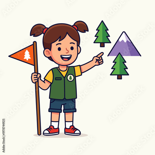 Little Girl Holding Flag Outdoors.