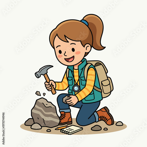 Little girl with geology hammer outdoors.