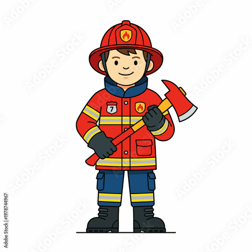 Smiling cartoon fireman in uniform.