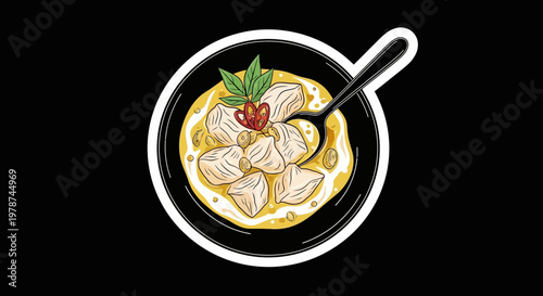 A close-up, top-down view of a delicious bowl of chicken curry with rice and a garnish of fresh basil leaves, presented on a dark background