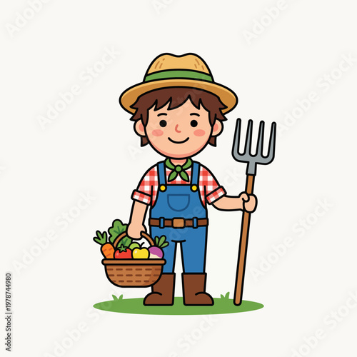 Smiling farmer with basket vegetables.