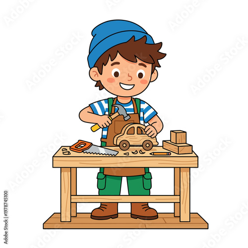 Boy working with wooden toy car.
