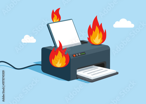 Office laser printer on fire. The printer overheated. Printout and paper copy device, laser technology. Multifunctional gadget. Flat vector illustration