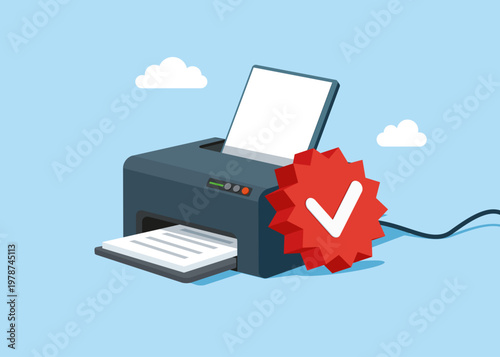 The office laser printer has passed quality testing. Printout and paper copy device, laser technology. Multifunctional gadget. Flat vector illustration