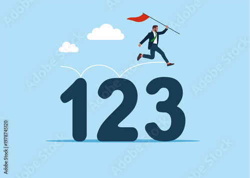 Businessman with red flag jumping on guideline number from 1 to 3. Business manual, instruction or guideline. Flat vector illustration