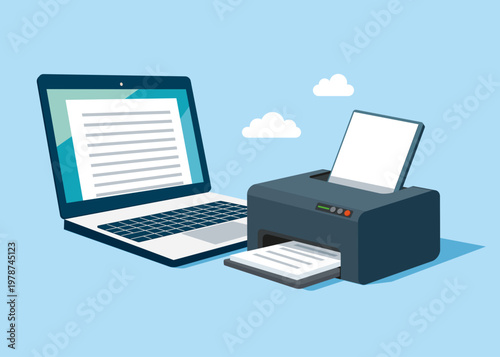 Printing documents in office. Laser printer connected to laptop by WiFi network. Computer hardware, office electronic device for printing documents. Flat vector illustration