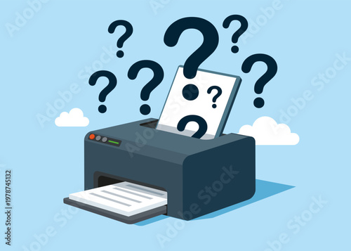 Office laser printer with an question marks.  Error in printout and paper copy device. What to print? Flat vector illustration