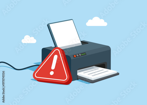 Office laser printer with an exclamation mark of attention.  Error in printout and paper copy device. Flat vector illustration