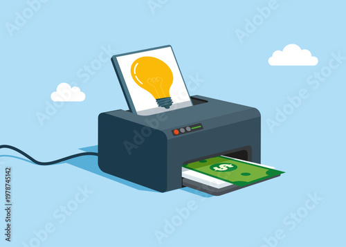 Transform the idea light bulb to the dollar banknote by printer. Multifunctional gadget. Flat vector illustration