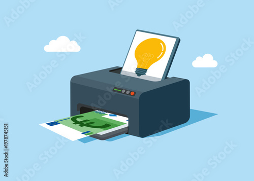 Transform the idea light bulb to the euro banknote by printer. Flat vector illustration