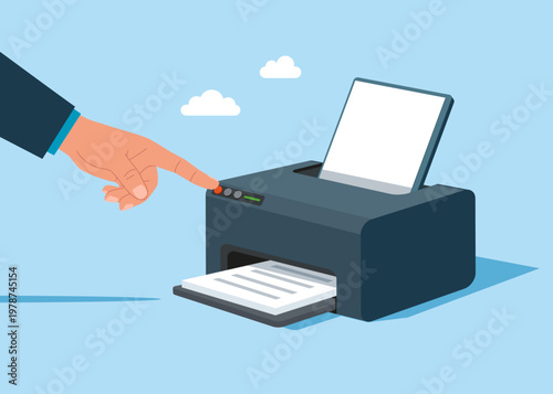 Printer. Finger tap button. Concept of computer hardware, office electronic device for printing documents. Flat vector illustration